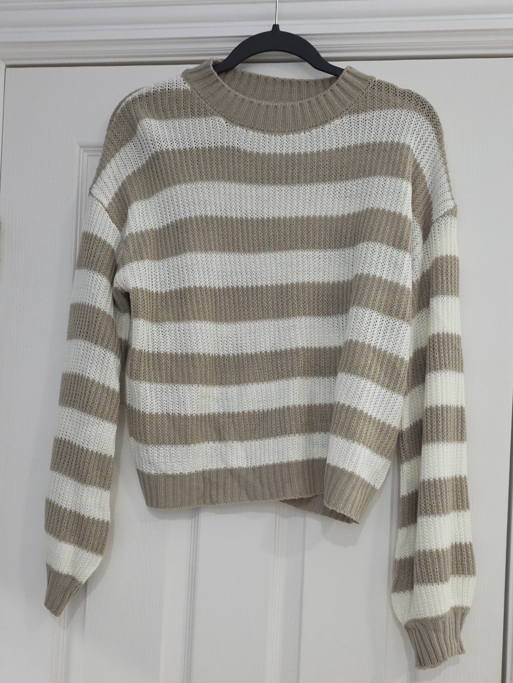Striped Crewneck Sweater in Cream and Taupe
